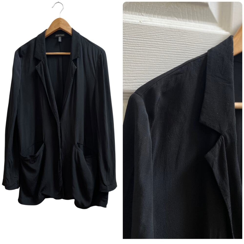 Eileen Fisher Black Viscose Blend Crepe Relaxed Fit Longline Blazer Medium